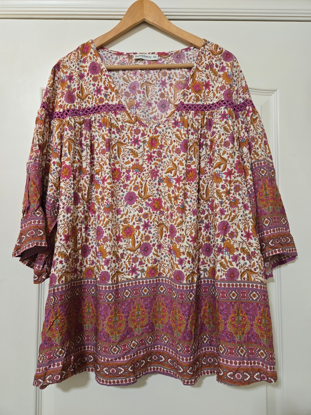 Women's Floral V-Neck Peasant Blouse in Pink & Brown Drapey Flowy Feminine Fall